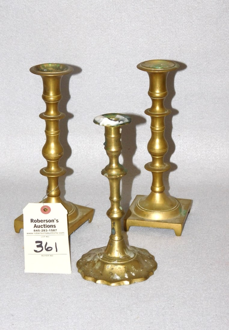 3 Vintage Brass Candlesticks: 3 Vintage Brass Candlesticks incl. 1 Pr. & 1 Single Pc. in Gd. Cond. - 8 -9" H.