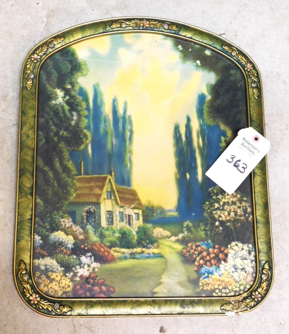Print of English Cottage Scene: Print of English Cottage Scene w/Flowers in Art Noveau Type Frame (Frame has Flake) - 22x18"