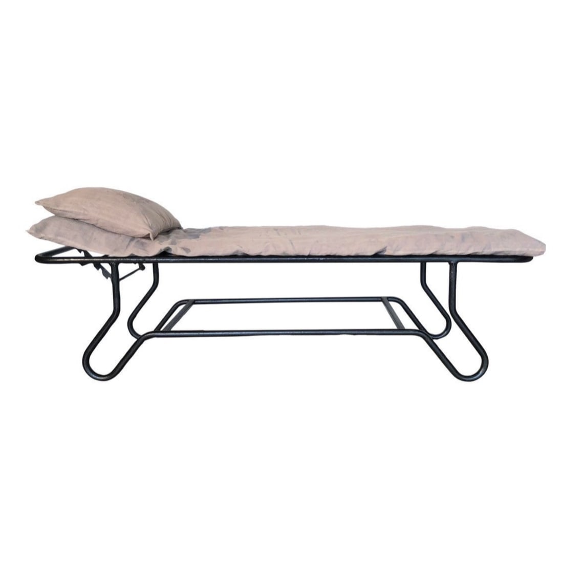 Antique French Iron Adjustable Chaise Bench Jacques Adnet Style 1950's: Vintage French Iron Adjustable Chaise, or Bench, Circa 1950's. We love the bent tubular iron frame with many coats of paint, and the style is reminiscent of Jacques Adnet's incredible designs. The hea