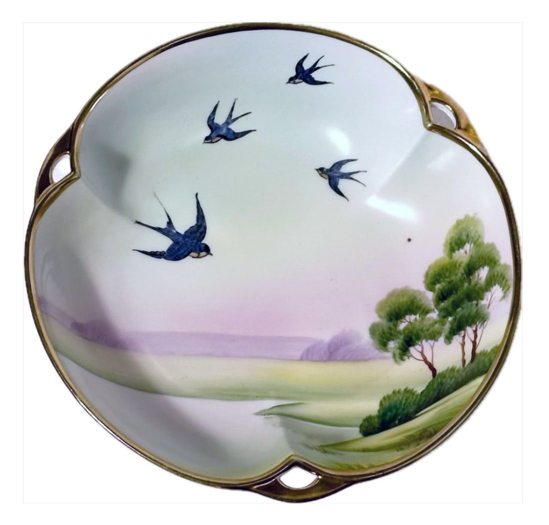Antique Morimura Porcelain Bowl/Dish Hand Painted Bluebirds and Landscape Scene With Gold Trim: Beautiful antique Nippon - MORIMURA BROTHERS (Manufacturer) - Antique hand painted porcelain dish or bowl. This is a rare design featuring bluebirds in flight, circling over a picturesque landscape wi