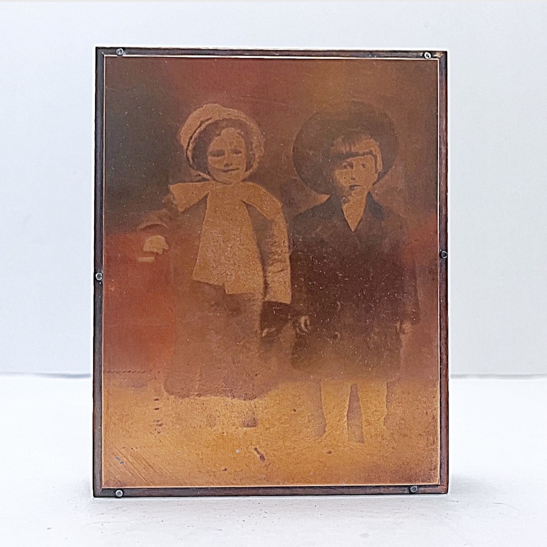 Antique Copper Printers Etching Featuring Edwardian Era Children: Vintage Copper Wood Block News Print Photo Negative of Edwardian Era Children, early 1900s.