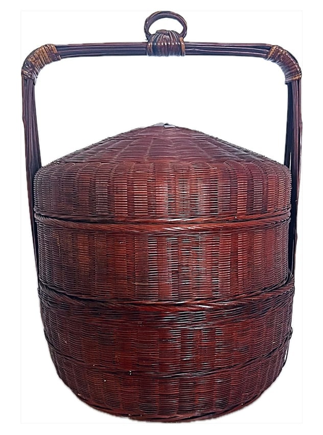 Antique Chinese Hand Woven Bamboo and Rattan 2 Tiered Wedding Basket (1 of 7)