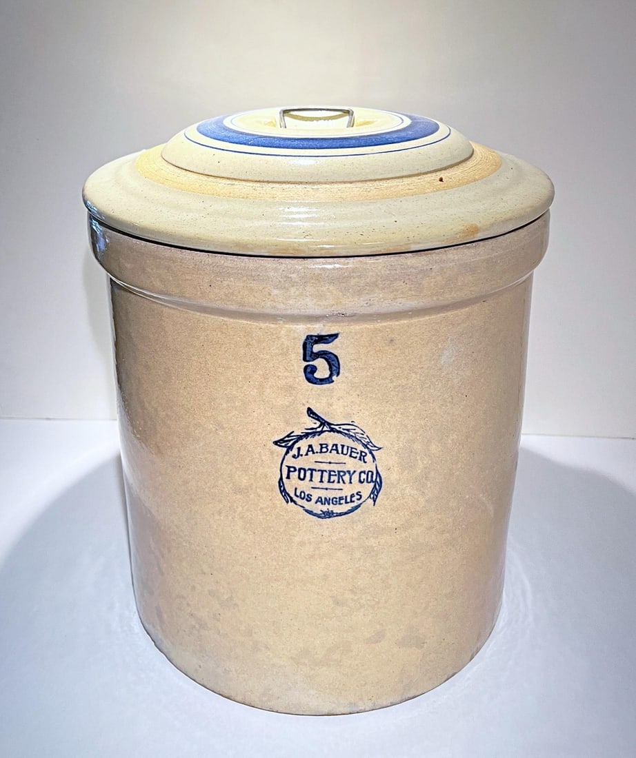 Rare Vintage JA Bauer Pottery Stoneware 5 Gallon Crock with Lid: Rare Vintage JA Bauer Pottery Stoneware 5 Gallon Crock with Lid. The Lid Has a Chip But Otherwise a Beautiful Antique
