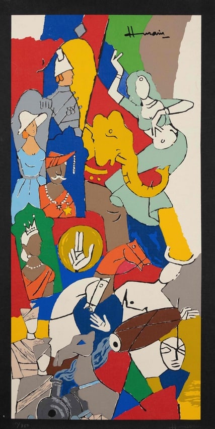 MAQBOOL FIDA HUSAIN (1915-2011) "BRITISH RAJ" SERIGRAPH IN COLOURS, SIGNED 'HUSAIN': MAQBOOL FIDA HUSAIN (Indian,1915-2011) "BRITISH RAJ" SERIGRAPH IN COLOURS, SIGNED 'HUSAIN' IN PENCIL L.R. NUMBERED '100/300' L.L., SHEET, UNFRAMED 37.5 X 18.5 INCHES THESE PAINTINGS ARE HIGHLY SOUGHT 