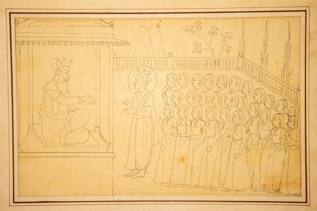 18TH/19TH CENTURY SKETCH OF A SIKH GURU WITH DEVOTEES, INDIAN PAHARI SIKH SCHOOL, LIKELY FROM THE HI (1 of 1)