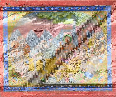 KANGRA MINIATURE - DEVI MAHATMYA SERIES: KANGRA MINIATURE - DEVI MAHATMYA SERIES THIS CAPTIVATING MINIATURE PAINTING FROM THE DEVI MAHATMYA SERIES, PART OF THE INDIAN PAHARI SCHOOL, PORTRAYS THE DIVINE INTERACTION BETWEEN SHIVA AND PARVATI,