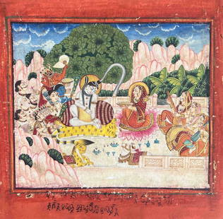 KANGRA MINIATURE - LORD SHIVA'S FAMILY WITH GANGA: KANGRA MINIATURE - LORD SHIVA'S FAMILY WITH GANGA A REMARKABLE PORTRAYAL FROM THE KANGRA SCHOOL, SHOWCASING LORD SHIVA'S FAMILY, WITH GANGA FLOWING FROM SHIVA'S HEAD, ACCOMPANIED BY PARVATI, GANESHA,