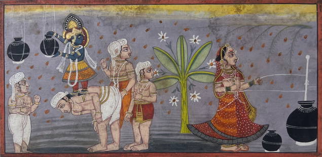 KOTA SCHOOL RAJASTHAN - LORD KRISHNA LIFE SCENES: KOTA SCHOOL RAJASTHAN - LORD KRISHNA LIFE SCENESA LATE 19TH-CENTURY MINIATURE FROM THE KOTA SCHOOL OF RAJASTHAN, SHOWCASING KEY MOMENTS FROM LORD KRISHNA'S LIFE WITH VIVID COLORS AND FLUID MOVEMENT 5
