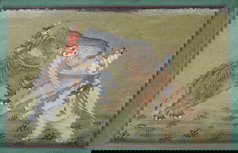 KOTA SCHOOL RAJASTHAN: KOTA SCHOOL RAJASTHANAN EXQUISITE MINIATURE PAINTING FROM THE KOTA SCHOOL OF RAJASTHAN, OFFERING A DETAILED, VIBRANT DEPICTION OF DIVINE SCENES FROM THE LATE 19TH CENTURY8 X 11.5 INCHESABOUT THE