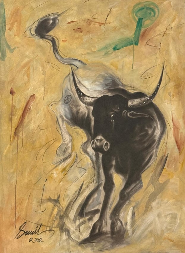 SUNIL DAS (INDIAN, 1939-2015) "UNTITLED" (BULL) - MIXED MEDIA ON CANVAS 2002: SUNIL DAS (INDIAN, 1939-2015) "UNTITLED" (BULL) - MIXED MEDIA ON CANVAS,2002 101 X 131.5 CM (WITH FRAME)THESE PAINTINGS ARE HIGHLY SOUGHT AFTER, MUCH LIKE. THOSE BY RENOWNED ARTISTS SUCH AS S.H. RAZA,