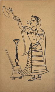 RARE INDIAN MUGHAL SCHOOL SKETCH - ELEGANT LADY ATTENDANT WITH FAN & HUQQA: RARE INDIAN MUGHAL SCHOOL SKETCH - ELEGANT LADY ATTENDANT WITH FAN & HUQQAA FINE AND INTRICATE SKETCH FROM THE MUGHAL SCHOOL, DEPICTING A GRACEFUL LADY ATTENDANT HOLDING A FAN, WITH A HUQQA PLACED BES