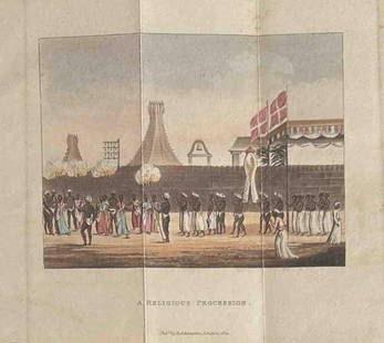 RARE 19TH CENTURY INDIAN RELIGIOUS PROCESSION PRINT (1822) BY R. ACKERMAN, LONDON: RARE 19TH CENTURY INDIAN RELIGIOUS PROCESSION PRINT (1822) BY R. ACKERMAN, LONDON - A RARE PRINT FROM 1822, PUBLISHED BY R. ACKERMAN IN LONDON, DEPICTING AN INDIAN RELIGIOUS PROCESSION. THIS PRINT OFF