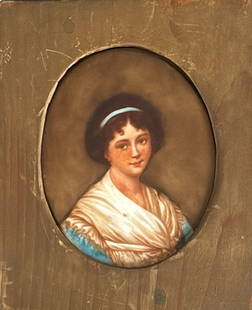 19TH CENTURY RUSSIAN PORTRAIT ON PORCELAIN PLAQUE: 19TH CENTURY RUSSIAN PORTRAIT ON PORCELAIN PLAQUE - A RARE 19TH-CENTURY RUSSIAN PORTRAIT ON PORCELAIN, EXQUISITELY EXECUTED WITH LIFELIKE REALISM AND DEPTH. THE ARTIST'S ABILITY TO RENDER SUBTLE VARIA