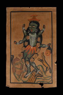 EARLY 20TH CENTURY KALIGHAT PAINTING GODDESS KALI IN FIERCE FORM STANDING ON SHIVA: EARLY 20TH CENTURY KALIGHAT PAINTINGGODDESS KALI IN FIERCE FORM STANDING ON SHIVATHIS EARLY 20TH-CENTURY KALIGHAT PAINTING DEPICTS GODDESS KALI IN HER FEROCIOUS FORM, STANDING OVER LORD SHIVA, A SYMBO