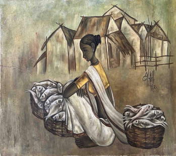 B.PRABHA (1933-2001) 'UNTITLED' SIGNED & DATED, OIL ON CANVAS, 1982: B. PRABHA (1933-2001) 'UNTITLED' SIGNED & DATED, OIL ON CANVAS, 1982.  27.5 X 34.5 INCHES. THESE PAINTINGS ARE HIGHLY SOUGHT AFTER, MUCH LIKE. THOSE BY RENOWNED ARTISTS SUCH AS S.H. RAZA, F.N. SOUZA,