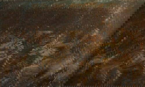 A RARE SIKH SCHOOL PAINTING OF A WAR SCENE, OIL ON CANVAS.: A RARE SIKH SCHOOL PAINTING OF A WAR SCENE, OIL ON CANVAS, EARLY 20TH CENTURY.ABOUT THE SCHOOL OF ART SIKH SCHOOL DEVOTIONAL TRADITION (19TH CENTURY) DEVELOPED UNDER MAHARAJA RANJIT SINGH'S PATRONAGE