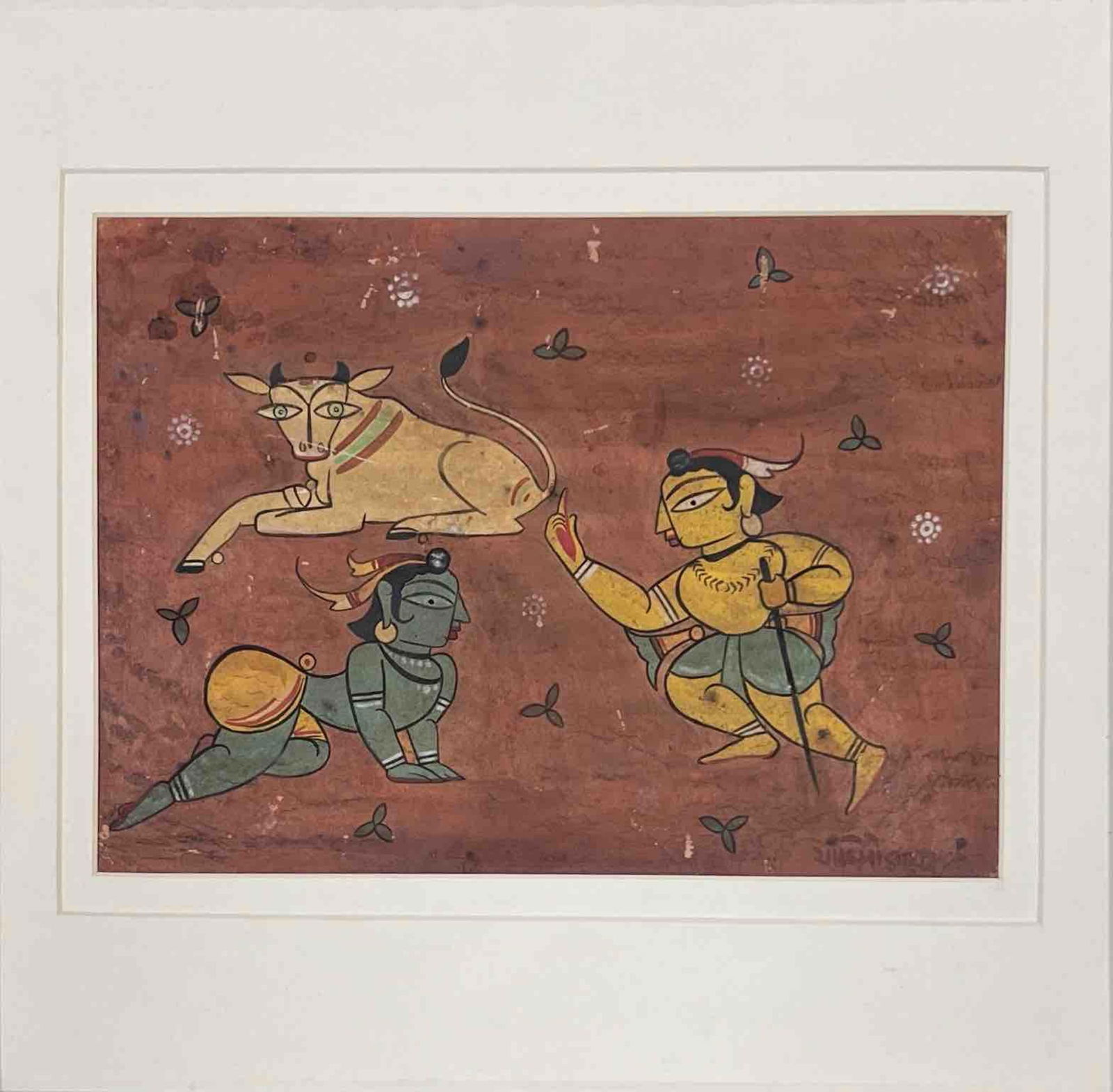 JAMINI ROY (INDIAN, 1887-1972) l TRADITIONAL MYTHOLOGICAL SCENE WITH COW AND FIGURES: JAMINI ROY (INDIAN, 1887-1972) l TRADITIONAL MYTHOLOGICAL SCENE WITH COW AND FIGURES THIS VIBRANT PAINTING FEATURES A STYLIZED MYTHOLOGICAL SCENE RENDERED IN A TRADITIONAL INDIAN FOLK-ART STYLE. SET