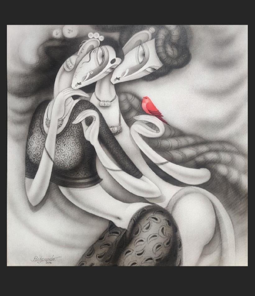 RAMESH PANPANDE (INDIA) MIXED MEDIA ON CANVAS UNTITLED (FIGURATIVE COMPOSITION): RAMESH PANPANDE (INDIA) MIXED MEDIA ON CANVAS UNTITLED (FIGURATIVE COMPOSITION) THIS EVOCATIVE FIGURATIVE COMPOSITION BY RAMESH PANPANDE EXEMPLIFIES THE ARTIST’S DISTINCTIVE VISUAL LANGUAGE, WHERE