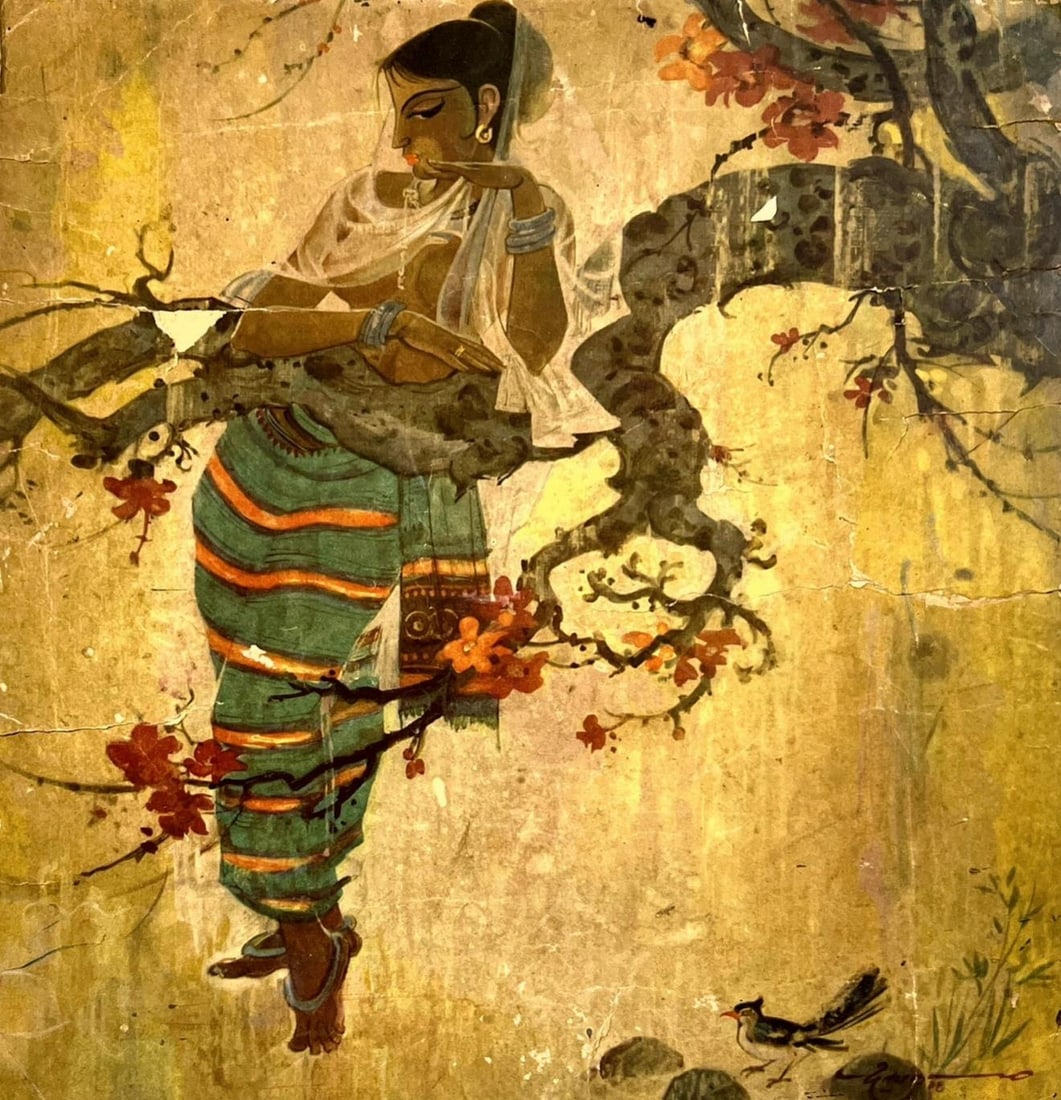 WOMAN AT REST ON A FLOWERING TREE: WOMAN AT REST ON A FLOWERING TREE A STYLISED PAINTING DEPICTING A GRACEFUL INDIAN WOMAN SEATED ON A TWISTED TREE BRANCH, ADORNED IN A TRADITIONAL SARI AND JEWELLERY. HER SERENE POSTURE AND DOWNCAST