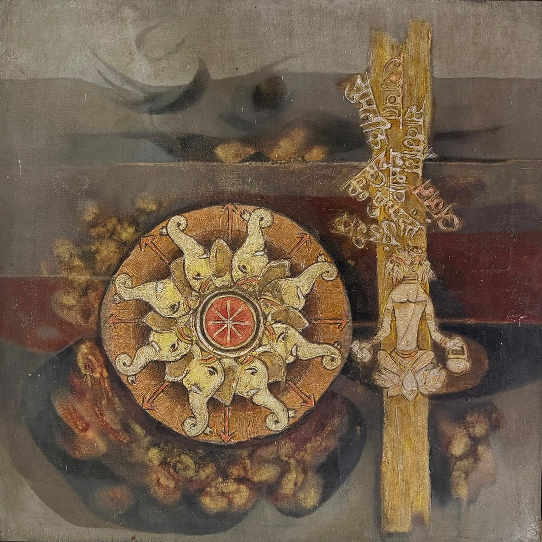 MURLI LAHOTI l SYMBOLIC COSMIC WHEEL WITH MEDITATIVE FIGURE OIL ON BOARD SIGNED AT THE BOTTOM 1983: MURLI LAHOTI l SYMBOLIC COSMIC WHEEL WITH MEDITATIVE FIGURE OIL ON BOARD SIZE 50 X 23 IN SIGNED AT THE BOTTOM 1983A DETAILED AND SYMBOLIC COMPOSITION FEATURING A CENTRAL COSMIC WHEEL ADORNED WITH