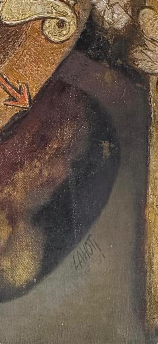 MURLI LAHOTI l SYMBOLIC COSMIC WHEEL WITH MEDITATIVE FIGURE OIL ON BOARD SIGNED AT THE BOTTOM 1983 - 2