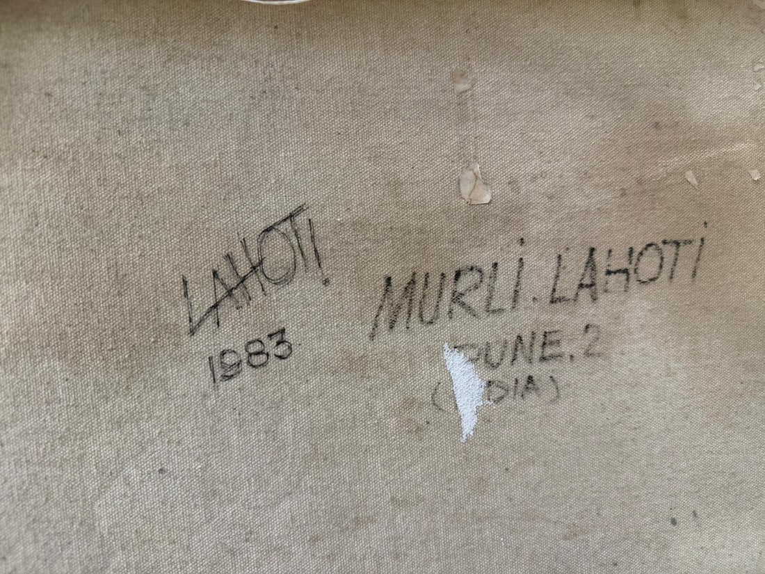 MURLI LAHOTI l SYMBOLIC COSMIC WHEEL WITH MEDITATIVE FIGURE OIL ON BOARD SIGNED AT THE BOTTOM 1983 - 3