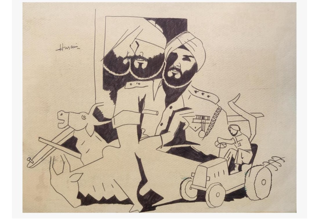 M. F. HUSAIN (1915–2011) UNTITLED PEN AND INK ON PAPER 12 × 16 IN: M. F. HUSAIN (1915–2011) UNTITLED PEN AND INK ON PAPER 12 × 16 IN THIS STRIKING PEN AND INK COMPOSITION BY M. F. HUSAIN PRESENTS A STYLIZED FIGURATIVE SCENE RENDERED IN HIS DISTINCTIVE MODERNIST LI