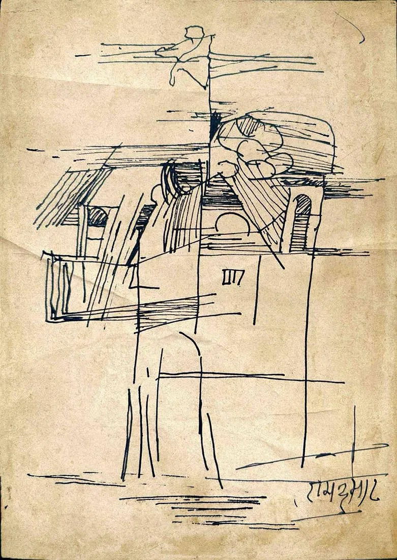 RAM KUMAR (INDIA, 1924–2018) – ABSTRACT ARCHITECTURAL COMPOSITION, PEN AND INK ON PAPER: RAM KUMAR (INDIA, 1924–2018) – ABSTRACT ARCHITECTURAL COMPOSITION, PEN AND INK ON PAPER AN EXPRESSIVE ABSTRACT COMPOSITION BY RAM KUMAR EXECUTED IN PEN AND INK ON PAPER, DEPICTING A FRAGMENTED
