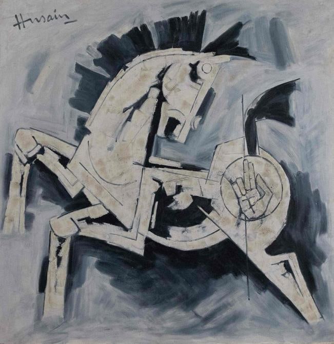 M. F. HUSAIN (1915–2011) HORSE, UNDATED OIL ON CANVAS 35 X 36 INCHES SIGNED: M. F. HUSAIN (1915–2011)HORSE, UNDATEDOIL ON CANVAS35 X 36 INCHESSIGNED THIS POWERFUL OIL ON CANVAS BY M. F. HUSAIN FEATURES THE ICONIC MOTIF OF THE HORSE, A SUBJECT THAT OCCUPIES A CENTRAL PLACE