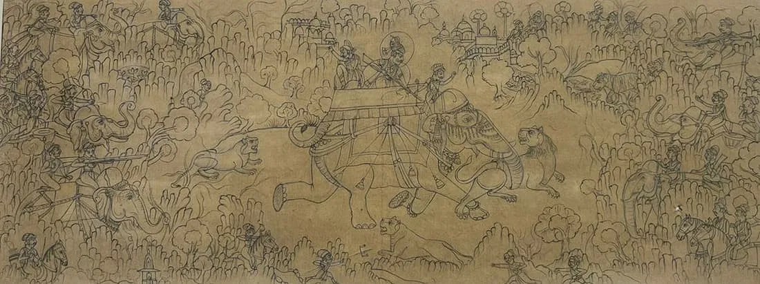 MYTHOLOGICAL FIGURES AND ANIMALS | LATE 19TH TO EARLY 20TH CENTURY l PENCIL OR INK ON AGED PAPER: MYTHOLOGICAL FIGURES AND ANIMALS (PREPARATORY DRAWING) | LATE 19TH TO EARLY 20TH CENTURY, TIBETAN/HIMALAYAN STYLE | PENCIL OR INK ON AGED PAPERAN INTRICATELY DETAILED PREPARATORY DRAWING, LIKELY FOR