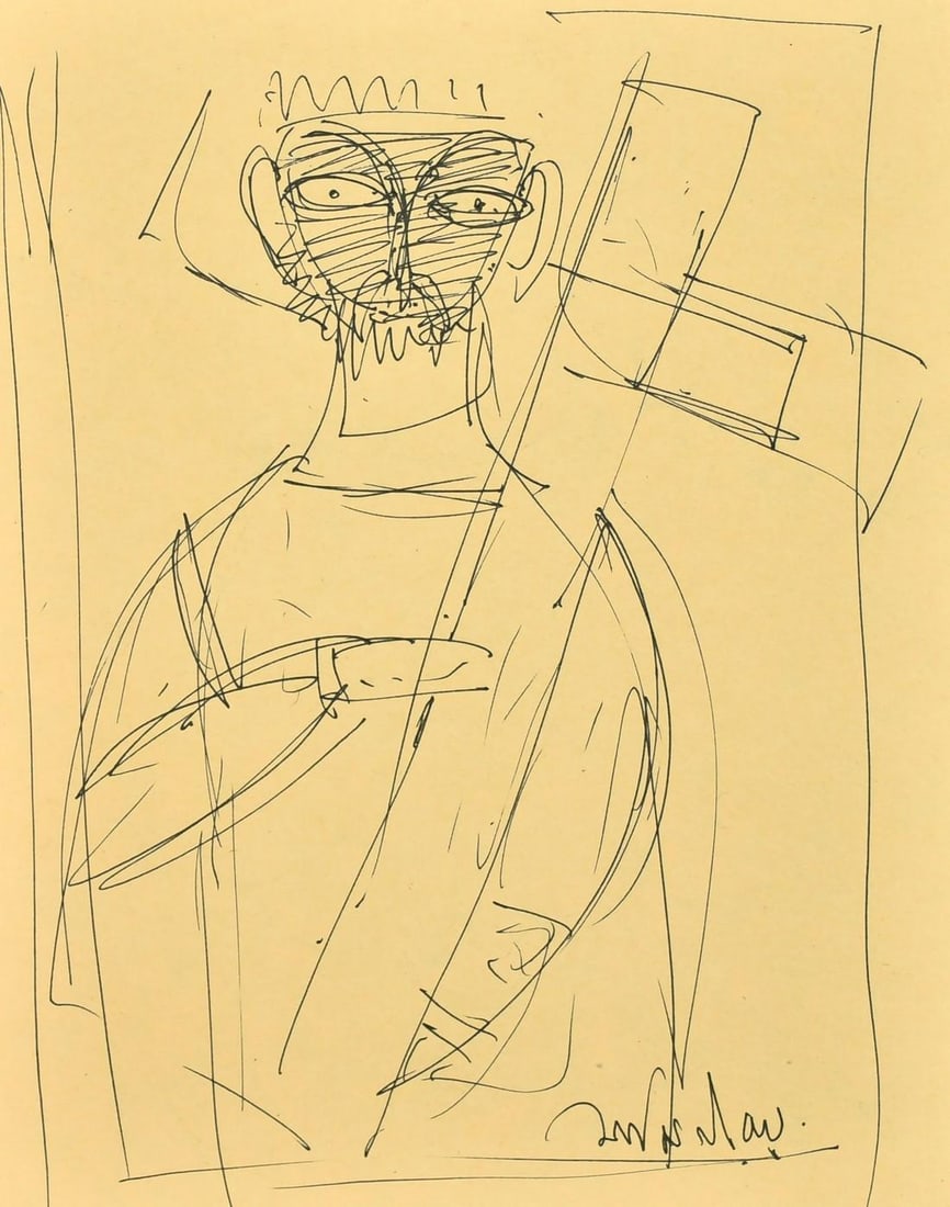 JAMINI ROY (1887–1972) – SKETCH OF A MALE FIGURE HOLDING AN OBJECT – INK ON PAPER 8.25 X 6.5: JAMINI ROY (1887–1972) – SKETCH OF A MALE FIGURE HOLDING AN OBJECT – INK ON PAPER 8.25 X 6.5 INJAMINI ROY (1887–1972), AN IMPORTANT MODERN INDIAN MASTER, INK SKETCH DEPICTING A STYLIZED MALE