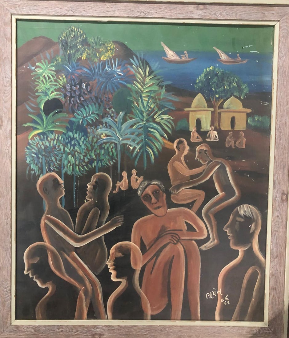 BHUPEN KHAKHAR (INDIA, 1934–2003) UNTITLED (FIGURATIVE LANDSCAPE WITH FIGURES) OIL ON BOARD: BHUPEN KHAKHAR (INDIA, 1934–2003)UNTITLED (FIGURATIVE LANDSCAPE WITH FIGURES)AN EXPRESSIVE AND INTIMATE OIL ON BOARD BY BHUPEN KHAKHAR, ONE OF INDIA’S MOST INFLUENTIAL MODERN AND CONTEMPORARY