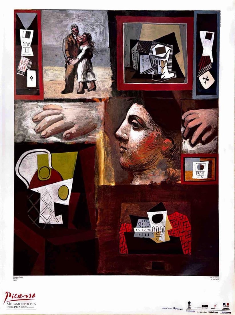 UNTITLED CUBIST COMPOSITION WITH FIGURE AND ABSTRACT PANELS AFTER PABLO PICASSO - PRINT: UNTITLED CUBIST COMPOSITION WITH FIGURE AND ABSTRACT PANELS AFTER PABLO PICASSO - PRINT A STRIKING MODERNIST COMPOSITION INSPIRED BY THE DISTINCTIVE CUBIST STYLE ASSOCIATED WITH PABLO PICASSO. THE