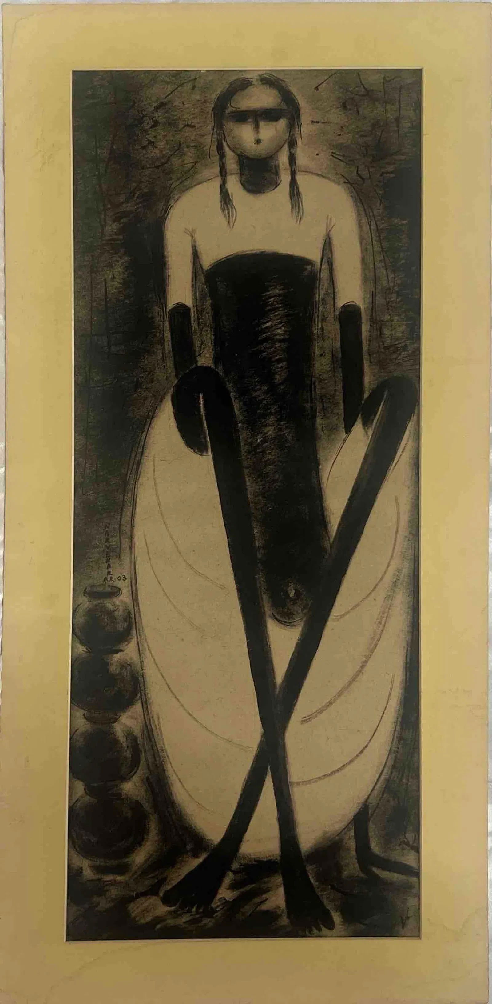 NARVEKAR R. R l GIRL WITH BRAIDS – FIGURATIVE STUDY l 2003: NARVEKAR R. R l GIRL WITH BRAIDS – FIGURATIVE STUDY l 2003A STRIKING MONOCHROME FIGURATIVE WORK DEPICTING A YOUNG GIRL WITH BRAIDS, RENDERED IN A HIGHLY STYLIZED AND ELONGATED FORM. THE ARTIST USES