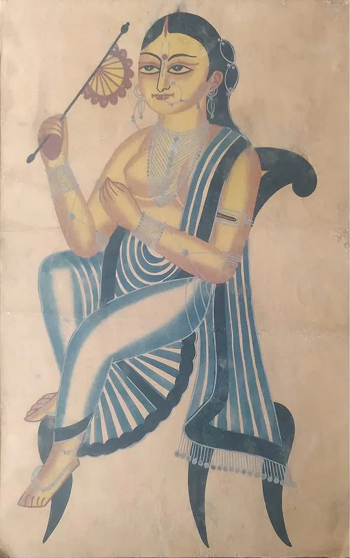 INDIAN KALIGHAT BENGAL SCHOOL PAINTING - SEATED WOMAN WITH FAN: INDIAN KALIGHAT BENGAL SCHOOL PAINTING - SEATED WOMAN WITH FANTHIS KALIGHAT PAINTING DEPICTS A SEATED WOMAN HOLDING A TRADITIONAL HAND FAN (PANKHA), DRAPED IN A BLUE-STRIPED SARI WITH PROMINENT