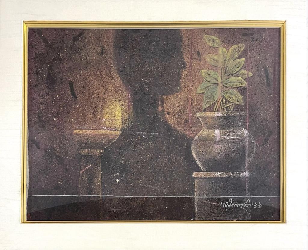GANESH PYNE (1937-2013), OIL ON CANVAS, SIGNED IN BENGALI: GANESH PYNE (1937-2013), OIL ON CANVAS, SIGNED IN BENGALI A MOODY AND CONTEMPLATIVE STILL LIFE BY GANESH PYNE, ONE OF THE MOST IMPORTANT FIGURES OF THE BENGAL SCHOOL AND MODERN INDIAN ART. EXECUTED