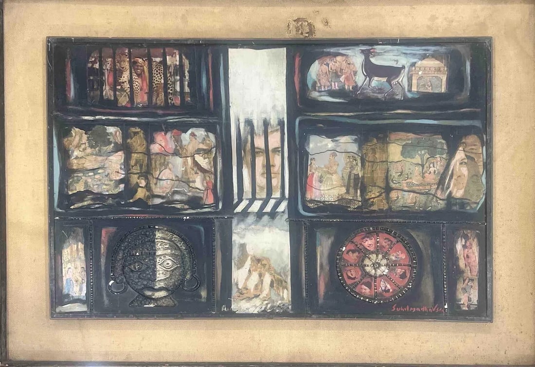SUNIL MADHU SEN (1910–1979) l MIXED-MEDIA l WINDOWS OF MEMORY: SUNIL MADHU SEN (1910–1979) l MIXED-MEDIA l WINDOWS OF MEMORYTHIS MIXED-MEDIA COMPOSITION BY SUNIL MADHAV SEN PRESENTS A GRID OF COMPARTMENTS FILLED WITH SYMBOLS, FIGURES, AND FRAGMENTED SCENES.