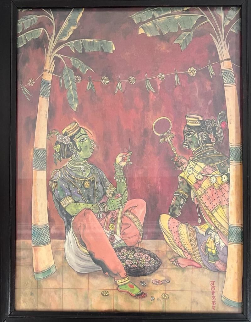 ABDULRAHIM APABHAI ALMELKAR (1920–1982) UNTITLED (FIGURAL SCENE) WATERCOLOUR ON PAPER: ABDULRAHIM APABHAI ALMELKAR (1920–1982)UNTITLED (FIGURAL SCENE)WATERCOLOUR ON PAPER SIGNED IN HINDI A FINE AND DECORATIVE WORK BY ABDULRAHIM APABHAI ALMELKAR, A DISTINGUISHED INDIAN PAINTER KNOWN