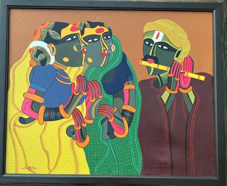 THOTA VAIKUNTHAM (B. 1942) UNTITLED (MUSICIANS AND WOMEN)31 X 25 IN: THOTA VAIKUNTHAM (B. 1942)UNTITLED (MUSICIANS AND WOMEN)31 X 25 IN THIS VIBRANT COMPOSITION IS A STRIKING EXAMPLE OF THOTA VAIKUNTHAM’S DISTINCTIVE VISUAL LANGUAGE, CELEBRATED FOR ITS BOLD