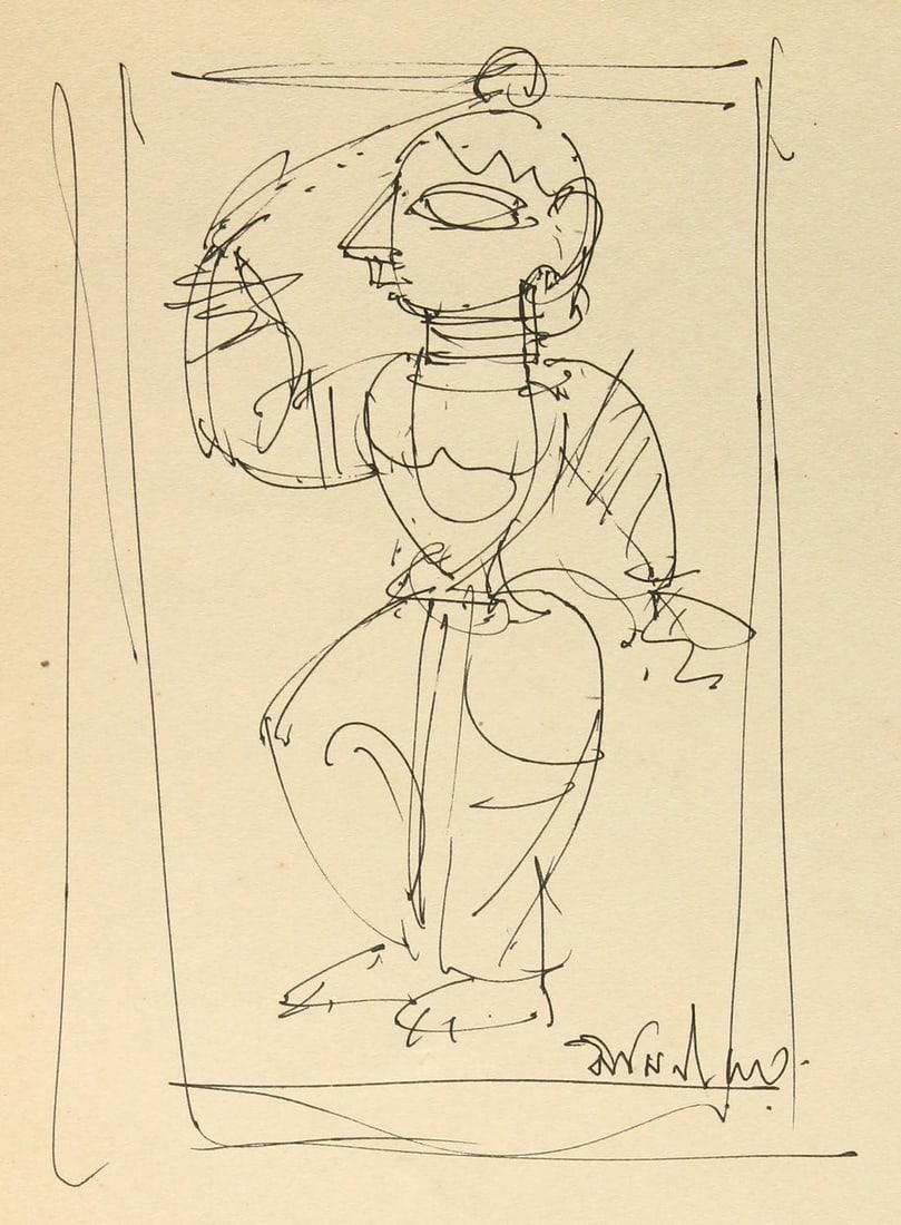 AMINI ROY (1887–1972) – STYLIZED FIGURE – INK ON PAPER 8 X 6 IN: AMINI ROY (1887–1972) – STYLIZED FIGURE – INK ON PAPER 8 X 6 INJAMINI ROY (1887–1972), IMPORTANT MODERN INDIAN MASTER, INK SKETCH DEPICTING A STYLIZED FIGURE RENDERED WITH RAPID, EXPRESSIVE