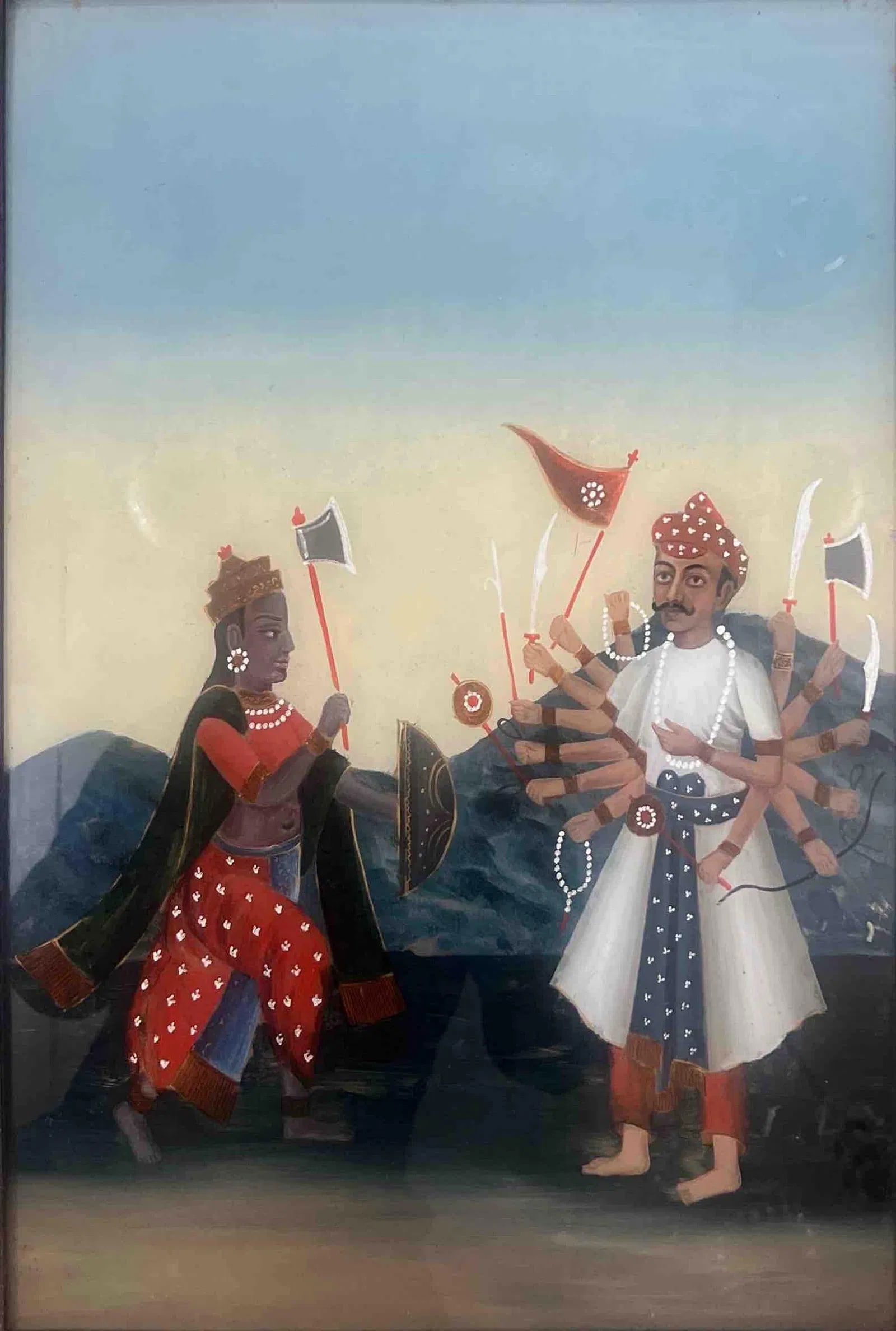 BATTLE OF PARASHURAMA AND THE MULTI-ARMED WARRIOR: BATTLE OF PARASHURAMA AND THE MULTI-ARMED WARRIORTHIS PAINTING DEPICTS A DRAMATIC MYTHOLOGICAL CONFRONTATION BETWEEN TWO FIGURES, RENDERED IN A STYLE INSPIRED BY TRADITIONAL INDIAN MINIATURE ART. ON