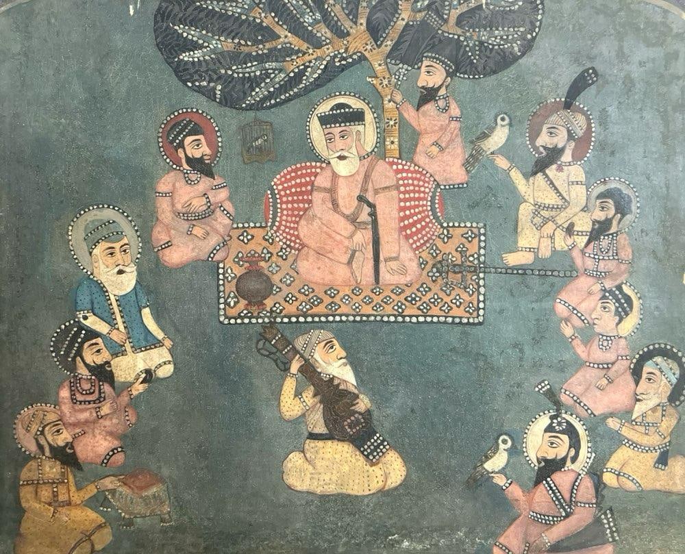 SIKH SCHOOL GURU SEATED WITH ATTENDANTS TEMPERA ON CLOTH LATE 18TH CENTURY / EARLY 19TH CENTURY: SIKH SCHOOLGURU SEATED WITH ATTENDANTSTEMPERA ON CLOTHLATE 18TH CENTURY / EARLY 19TH CENTURY A RARE AND FINELY DETAILED PAINTING FROM THE SIKH SCHOOL, DATING TO THE LATE EIGHTEENTH OR EARLY