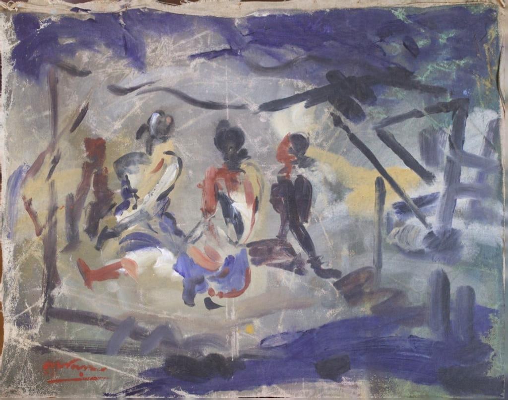 RAMKINKAR BAIJ (1910–1980) UNTITLED CIRCA 1960s MIXED MEDIA ON CANVAS SIGNED IN BENGALI: RAMKINKAR BAIJ (1910–1980)UNTITLEDCIRCA 1960sMIXED MEDIA ON CANVASSIGNED IN BENGALI AN IMPORTANT AND EXPRESSIVE WORK BY RAMKINKAR BAIJ, ONE OF THE MOST INFLUENTIAL FIGURES IN MODERN INDIAN ART AND