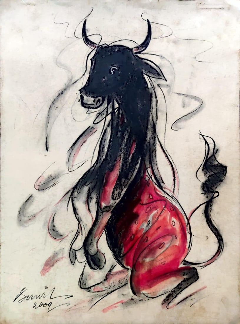 SUNIL DAS (INDIA, 1939–2015) CHARCOAL ON PAPER UNTITLED (BULL): SUNIL DAS (INDIA, 1939–2015) CHARCOAL ON PAPER UNTITLED (BULL)THIS POWERFUL CHARCOAL DRAWING DEPICTS A BULL IN A STATE OF TENSE ALERTNESS, CAPTURED WITH ECONOMY OF LINE AND RAW EXPRESSIVE FORCE.