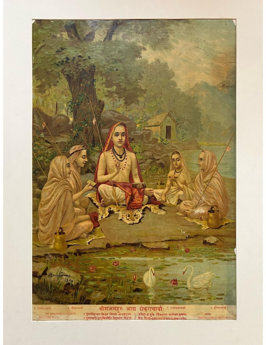 RAJA RAVI VARMA (1848–1906) SHRI SHANKARACHARYA LITHOGRAPH: RAJA RAVI VARMA (1848–1906) SHRI SHANKARACHARYA LITHOGRAPH THIS ICONIC COMPOSITION DEPICTS SHRI ADI SHANKARACHARYA, THE GREAT PHILOSOPHER-SAINT OF ADVAITA VEDANTA, SEATED IN SERENE CONTEMPLATION