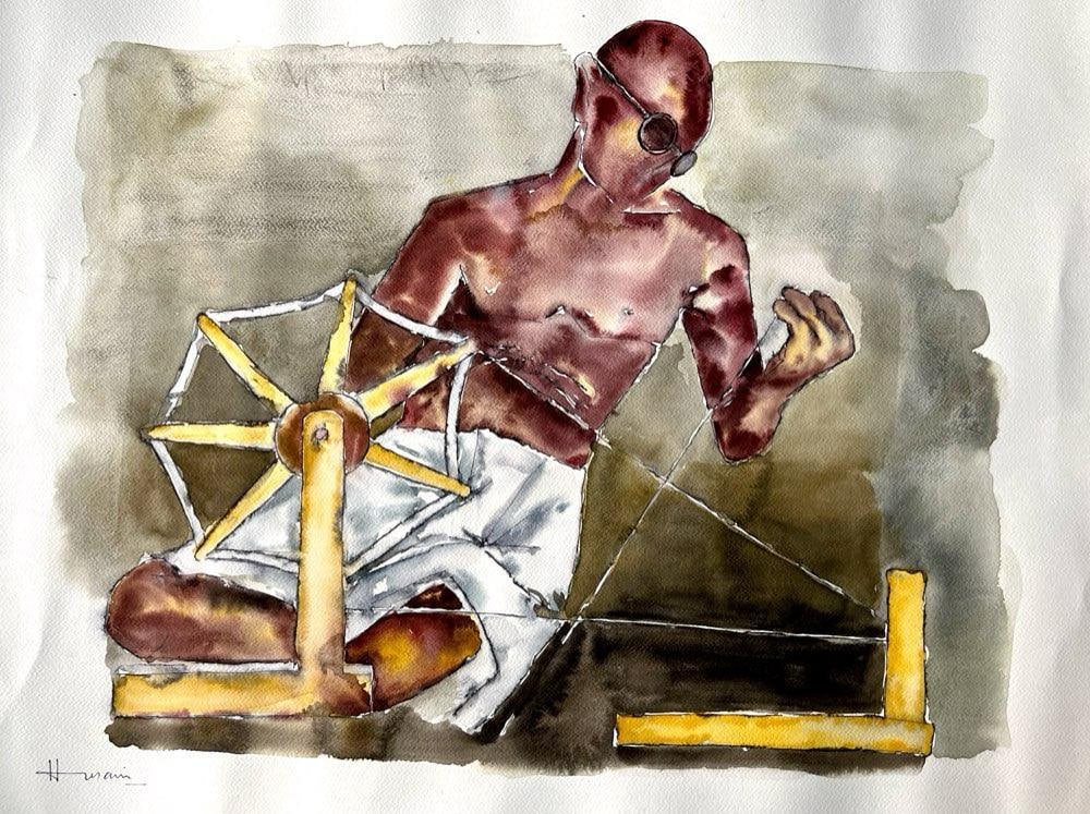 M. F. HUSAIN (1915–2011) UNTITLED (GANDHI WITH CHARKHA WATERCOLOUR ON PAPER: M. F. HUSAIN (1915–2011)UNTITLED (GANDHI WITH CHARKHA WATERCOLOUR ON PAPER THIS EXPRESSIVE WATERCOLOUR IS A STRONG AND IMMEDIATELY RECOGNISABLE EXAMPLE OF M. F. HUSAIN’S ICONIC ENGAGEMENT WITH
