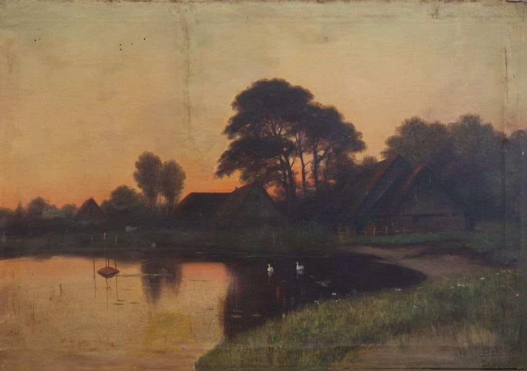 SG THAKUR SINGH UNTITLED (RIVERSIDE LANDSCAPE AT DUSK) OIL ON CANVAS 39 X 27 IN: SG THAKUR SINGHUNTITLED (RIVERSIDE LANDSCAPE AT DUSK)CREATION YEAR: 1930MEDIUM: OIL ON CANVASSIGNED IN ENGLISHSIZE: 39 X 27 INCHES THIS ATMOSPHERIC LANDSCAPE BY SG THAKUR SINGH DEPICTS A SERENE