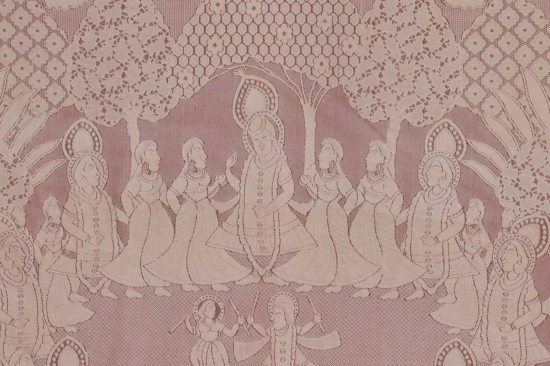 A COTTON LACE PICHHAVAI: A COTTON LACE PICHHAVAI A RARE AND FINELY EXECUTED COTTON LACE PICHHAVA(I) / PICHHWAI, DEPICTING THE SACRED RAAS LILA OF SHRINATHJI SURROUNDED BY GOPIS IN GRACEFUL, RHYTHMIC MOVEMENT. THE