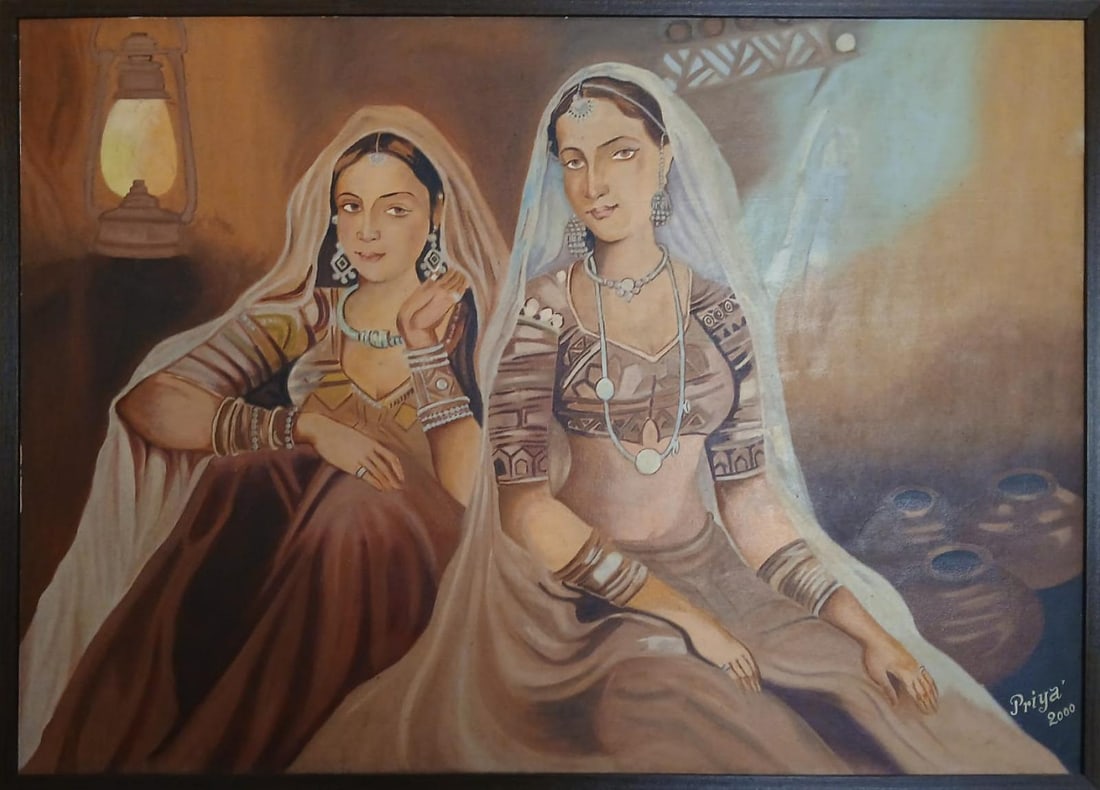 PRIYA ALOK MEHTA OIL ON BOARD RAJASTHANI WOMEN 2000 43.5 × 31.5 IN: PRIYA ALOK MEHTA OIL ON BOARD RAJASTHANI WOMEN 2000 43.5 × 31.5 IN IN RAJASTHANI WOMEN, PRIYA ALOK MEHTA OFFERS A POISED AND INTIMATE PORTRAYAL OF TWO WOMEN ADORNED IN TRADITIONAL RAJASTHANI