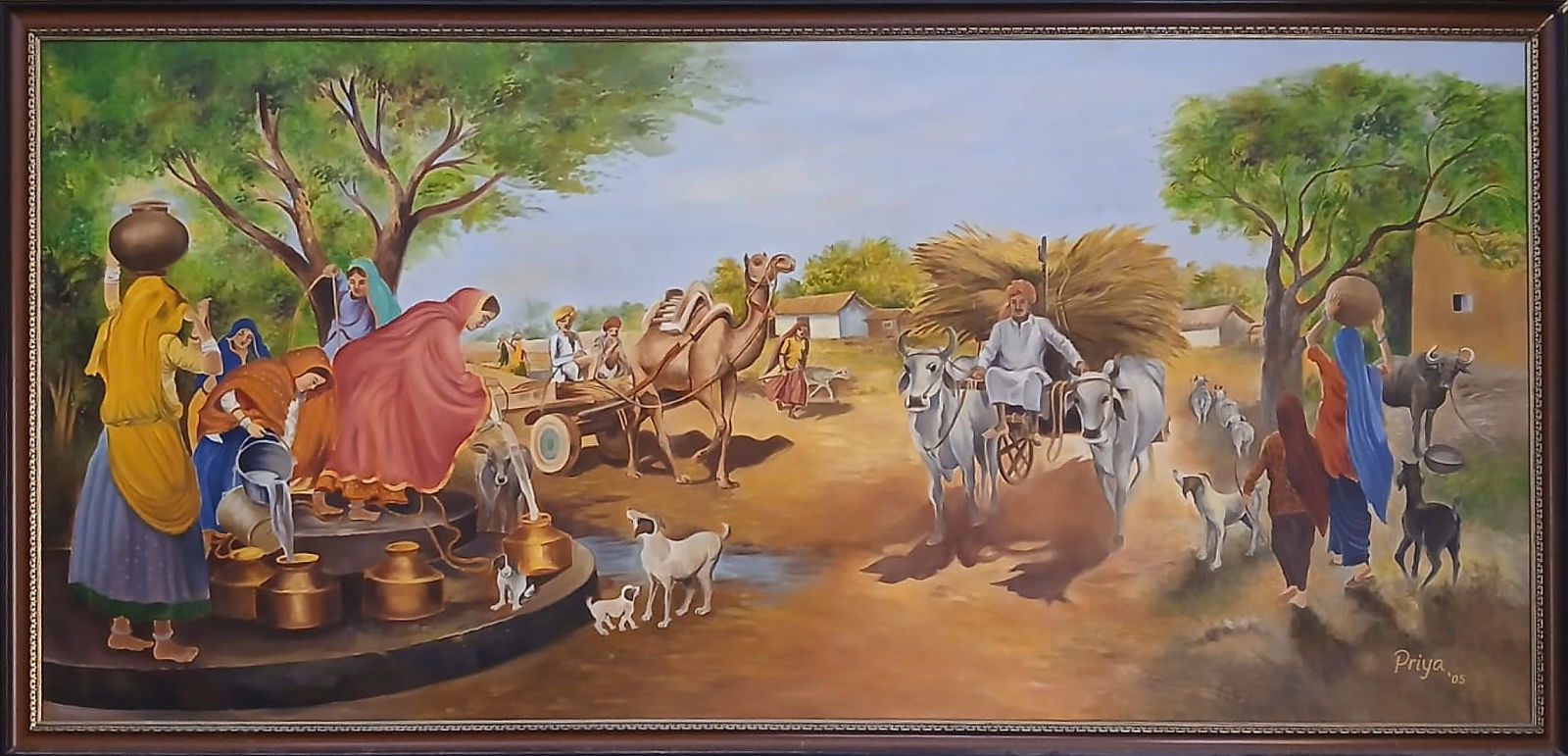 PRIYA ALOK MEHTA VILLAGE SCENE 2005 OIL ON BOARD 81 × 39 INCHES: PRIYA ALOK MEHTA VILLAGE SCENE 2005 OIL ON BOARD81 × 39 INCHES THIS EXPANSIVE PANORAMIC COMPOSITION BY PRIYA ALOK MEHTA PRESENTS A VIVID AND IMMERSIVE PORTRAYAL OF INDIAN RURAL LIFE, RENDERED WITH